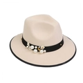 Elegant beige fedora hat with black band featuring pearl and floral accents - M (56-58cm) / Beige (88 Series Pearl Flower Decor)