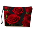 Floral makeup bag with red rose prints on black canvas featuring a secure wrist strap - Black Background Full Red Rose (xy-051-1) / With Webbing Handle
