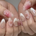 Selbstklebende Mandelnägel mit 3D-Blumen, Perlen und rosa Farbverlauf für Frauen - Rosa Blush 3D Blume Perle Stil (JP4022)