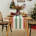 Christmas woven table runner with red and green stripes and tassels on a wooden table - 30x120cm (Includes Tassels) / Christmas Triangular Tree Pattern