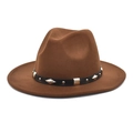 Detail of brown wool fedora hat featuring a black leather band with gold metal studs - M (56-58cm) / Coffee