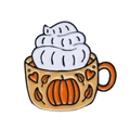 Cartoon pumpkin spice latte enamel pin in warm orange with autumn leaf pattern - Orange Pumpkin Latte (C1924)
