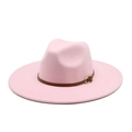 Detail of pink fedora hat featuring a brown leather band and gold metal buckle - M (56-58cm) / Pink