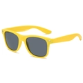 Retro yellow rectangle sunglasses with dark lenses and silver metal rivets on white backdrop - Yellow Frame Grey Lens