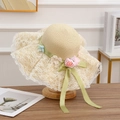 Beige wide brim straw sun hat with light green ribbon, lace, and floral accents - Paper Straw Green Ribbon Beige