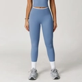 Nebelblaue Yoga-Leggings mit hohem Bund, weißem Kontraststreifen und mattem Finish - Dunstblau