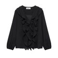 Detail of V-neck long sleeve black shirt with layered ruffles and button closure - XS / Black