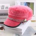 Pink faux fur flat top sailor hat with silver bead chain and black leather trim - Plush Flat Top / Pink