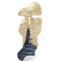 Minimalist gold mask brooch with blue hand gesture on a clean white background - Silence is Golden (Gold & Blue)