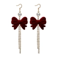 Rote beflockte Schleifen-Ohrringe mit Quasten aus Strass und Gold-Elementen - E4710-2 Zweireihige Strass Quaste Bogen Stil