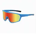 Detail of blue sports sunglasses frame with red splatter dots and orange mirrored lens - Blue Frame Purple Red Splatter Red Mirror Lens