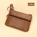 Mini coffee genuine leather coin purse with litchi texture and double zipper and keychain - Coffee