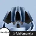 Haze blue three-fold UV umbrella with thickened black coating and windproof frame - Manual Reverse Folding / Haze Blue