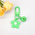 Cute green flower keychain with a small bell and D-shaped metal lobster clasp - Grass Green