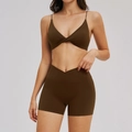 Chocolate brown yoga set with cross-waist shorts and twist-back strappy sports bra - S / Caramel Brown