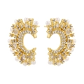 Elegant gold C-shaped earrings with white zircon stones and pearls in a radial design - 1 Pair / Gold