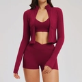 Driedelige bordeauxrode yogaset met jasje, sportbeha en fitnessshort met V-taille - S / Kersenrood