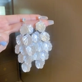 Exaggerated long white shell flower tassel earrings with pearls and crystal accents - 16# 925 Sterling Silver Earring Post - Iridescent White Multi-Layer Overlapping Petal Style