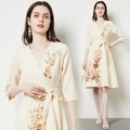 Elegant cream V-neck midi dress with floral embroidery and waist tie detail - S / Apricot