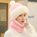 Close-up of pink and white plush integrated winter hood with thick thermal neck warmer - Pom Pom Hat / Pink
