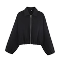 Women's black cropped zip-up bomber jacket with turn-down collar and elastic hem - S / Black