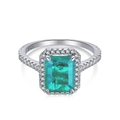 S925 sterling silver ring with emerald-cut blue-green gemstone in halo setting - US 6 / Paraiba Blue