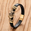 Detalle de pulsera de cuero trenzado negro con ancla dorada e incrustaciones de brillo - 19cm / Dorado-A