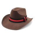 Classic brown felt jazz fedora with wide brim and decorative red and black striped band - M (56-58cm) / Brown