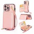 Pink leather iPhone 15 Pro Max wallet case with zipper pocket and wrist strap - Pink / ip11