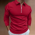 Detail of red men's polo shirt featuring ribbed knit texture and silver zipper neckline - Red