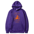Purple Halloween hoodie with orange witch print and drawstring hood in a flat lay view - Purple