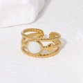 Vintage 18K gold plated titanium steel open ring with triple rope bands and sun motif - Adjustable / Pearl White