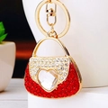 Red rhinestone mini handbag keychain with heart crystal and golden hardware finish - Red Heart Handbag Keychain