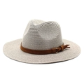 Close-up of beige straw fedora with brown suede band and gold metal ring tassel detail - M (56-58cm) / Gray