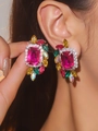 Luxury rhinestone tassel earrings featuring a large rose red stone with multicolored gems - Colorful Gemstone Cluster / Colorful