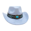 Light blue western cowboy hat with ethnic embroidered turquoise floral band decoration - Light Blue [Wide Leather Embroidery]