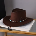 Detalle de sombrero vaquero marrón oscuro con cuentas turquesas y adornos de concha - café / Adulto (55-60cm)