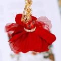 Red floral fabric keychain with gold coin charm and engraved lucky tag accessory - Wine Red Clover Flower
