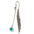 Retro silver metal feather bookmark with a transparent blue dried flower glass ball pendant - Blue Peach Blossom