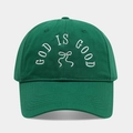 Close-up of green cotton baseball cap with white GOD IS GOOD embroidery and bow detail - Adjustable / Emerald Green