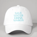 Detailed blue embroidery text Save Water Drink Margs on white cotton baseball cap - White