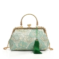 Sac de soirée brodé à fleurs avec poignée ronde dorée et pompon en soie verte - Vert