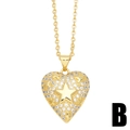 Golden heart pendant necklace with micro-paved zircons and embossed star detail - Pentagram Heart Style (B)