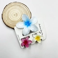 Three-piece plumeria flower hair claws in blue, pink, and yellow marble finish - Mixed Color Set #9 (with Cards)