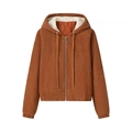 Bruin corduroy jack met capuchon, witte fleece voering en zilveren rits aan de voorkant - S / Chocolade