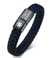 Pulsera médica de cuero trenzado negro para Diabetes Tipo 1 con detalles en azul - 24cm / Alerta Médica-Diabetes Tipo 1