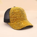 Detailed view of rhinestone baseball cap featuring golden crystals and breathable black mesh - L (58-60cm) / Gold