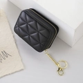 Mini black quilted leather lipstick pouch with gold zipper and keychain detail - Black