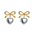 Stainless steel gold bow earrings with silver heart pendants on white background - Two-tone Bowknot Stud Earrings (906-05) / Gold & Silver