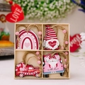 Pink wooden Valentine heart and gnome hanging ornaments set in a 4-compartment gift box - Valentine Wood Ornament Set Style B (Gnome Truck Series)